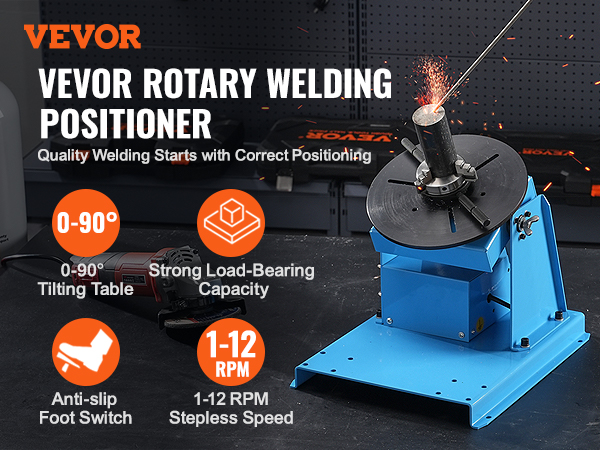 VEVOR welding positioner with 0-90° tilting table, anti-slip foot switch, and 1-12 rpm stepless speed.