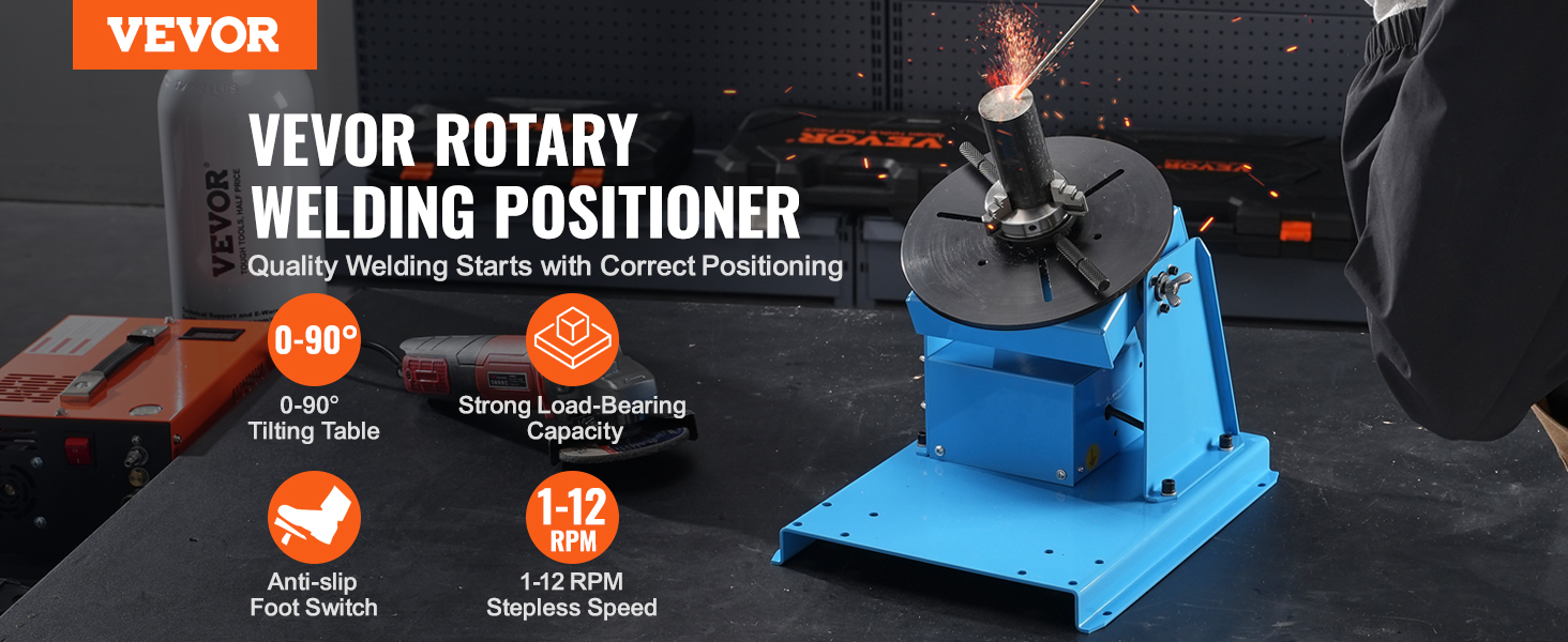 VEVOR welding positioner with 0-90° tilting table, anti-slip foot switch, and 1-12 rpm stepless speed.
