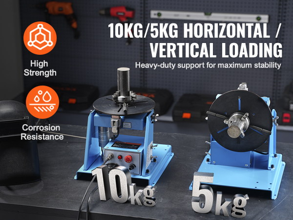 VEVOR welding positioner showcasing 10kg/5kg horizontal/vertical loading, high strength, and corrosion resistance.