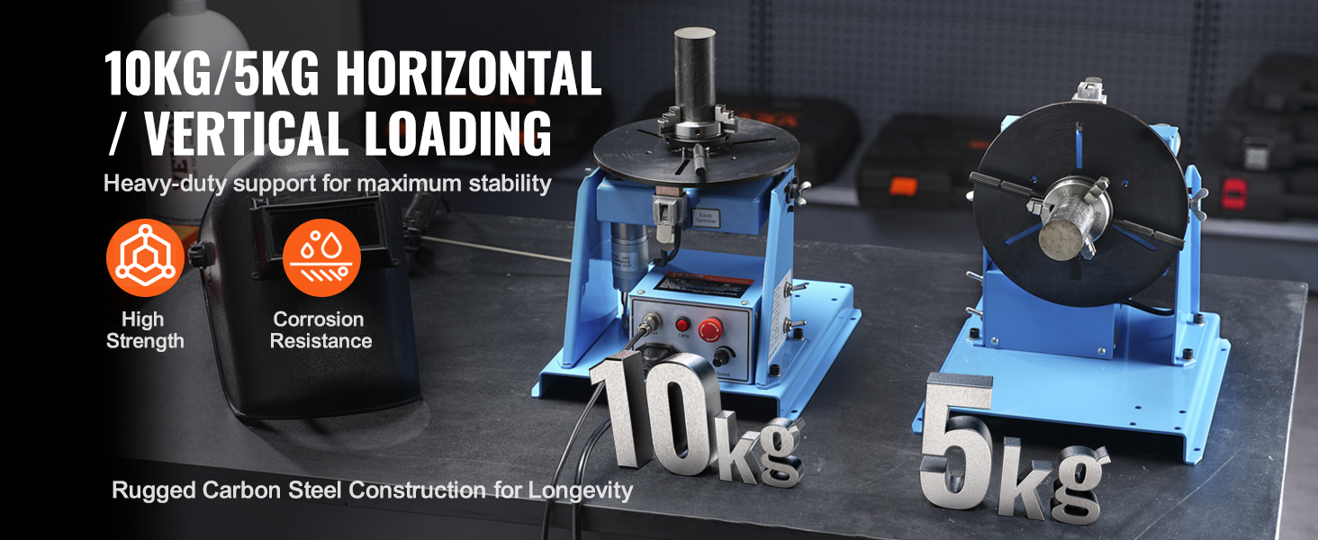 VEVOR welding positioner showcasing 10kg/5kg horizontal/vertical loading, high strength, and corrosion resistance.
