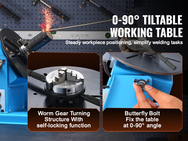 VEVOR welding positioner with 0-90° tiltable working table, worm gear turning, and butterfly bolt.