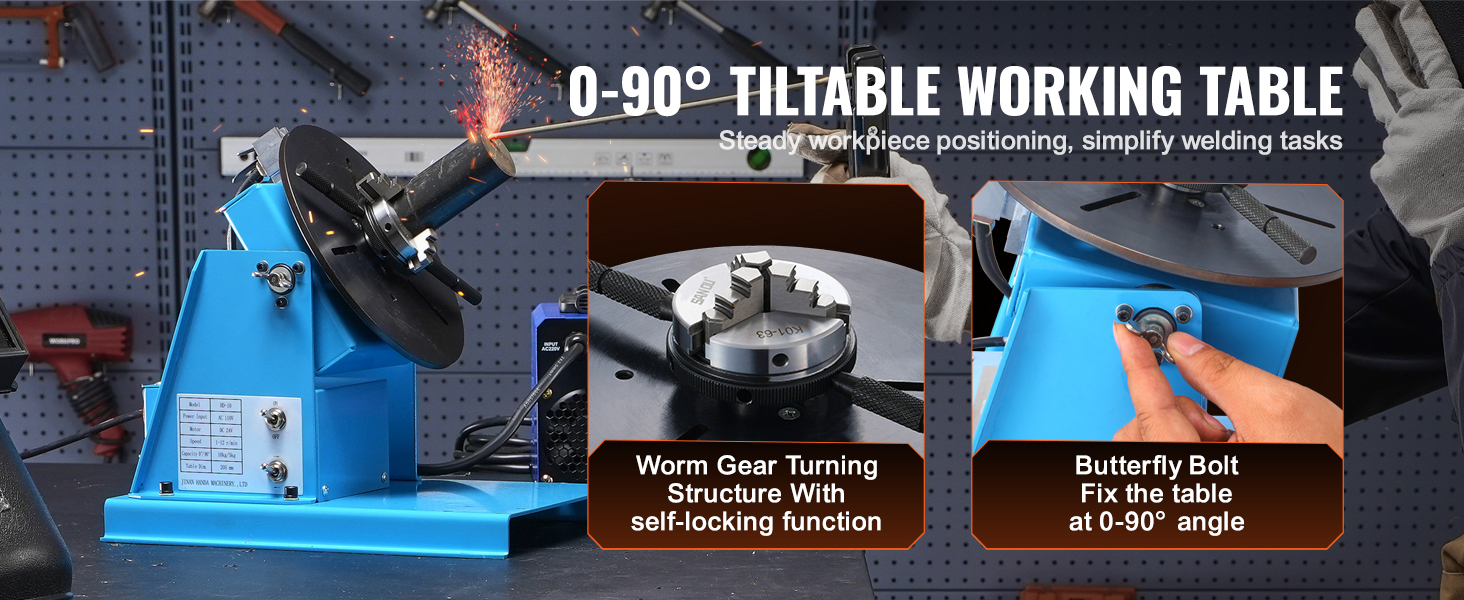 VEVOR welding positioner with 0-90° tiltable working table, worm gear turning, and butterfly bolt.