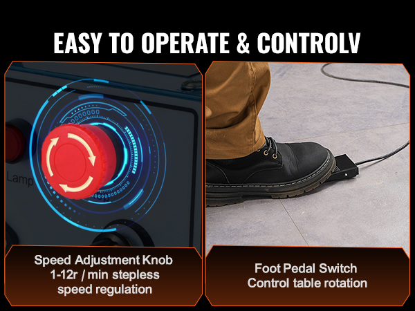 VEVOR welding positioner with speed adjustment knob and foot pedal switch for easy control.