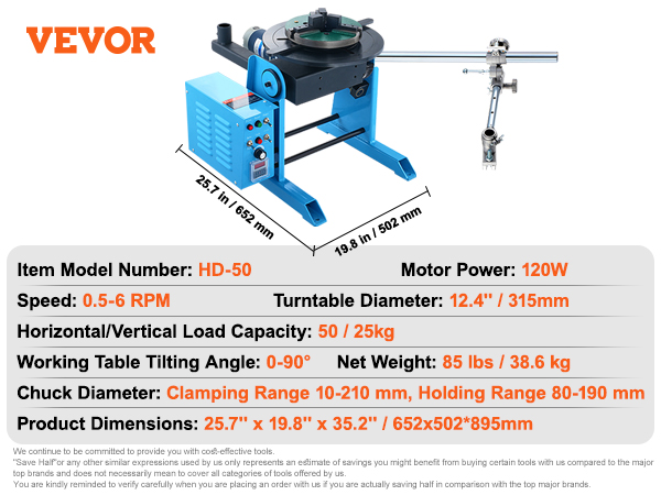 VEVOR rotary welding positioner hd-50, 120w, speed: 0.5-6 rpm, 25.7"x19.8"x35.2", 12.4" turntable.