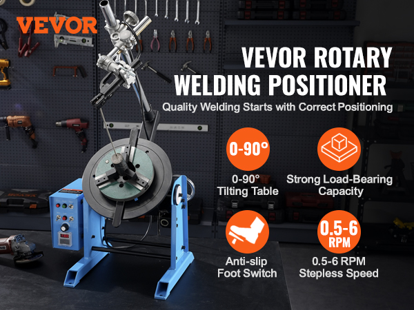 VEVOR rotary welding positioner with 0-90° tilting table, strong load capacity, and 0.5-6 rpm speed.