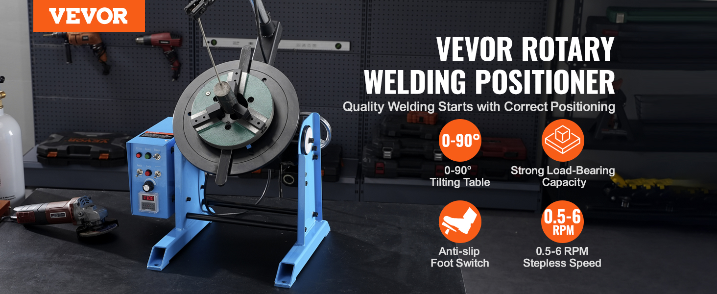 VEVOR rotary welding positioner with 0-90° tilting table, strong load capacity, and 0.5-6 rpm speed.