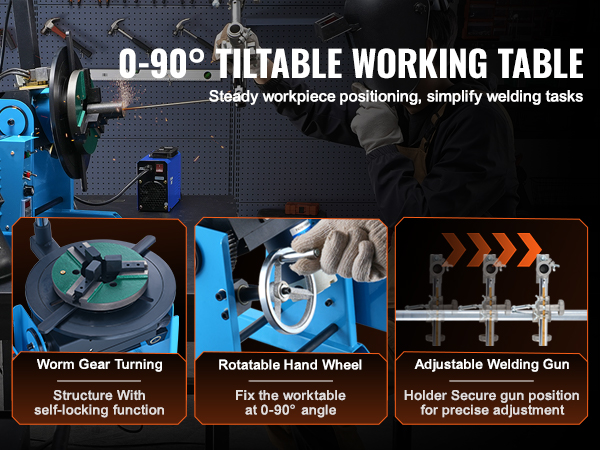 VEVOR rotary welding positioner with 0-90° tiltable table, worm gear turning, and adjustable welding gun.