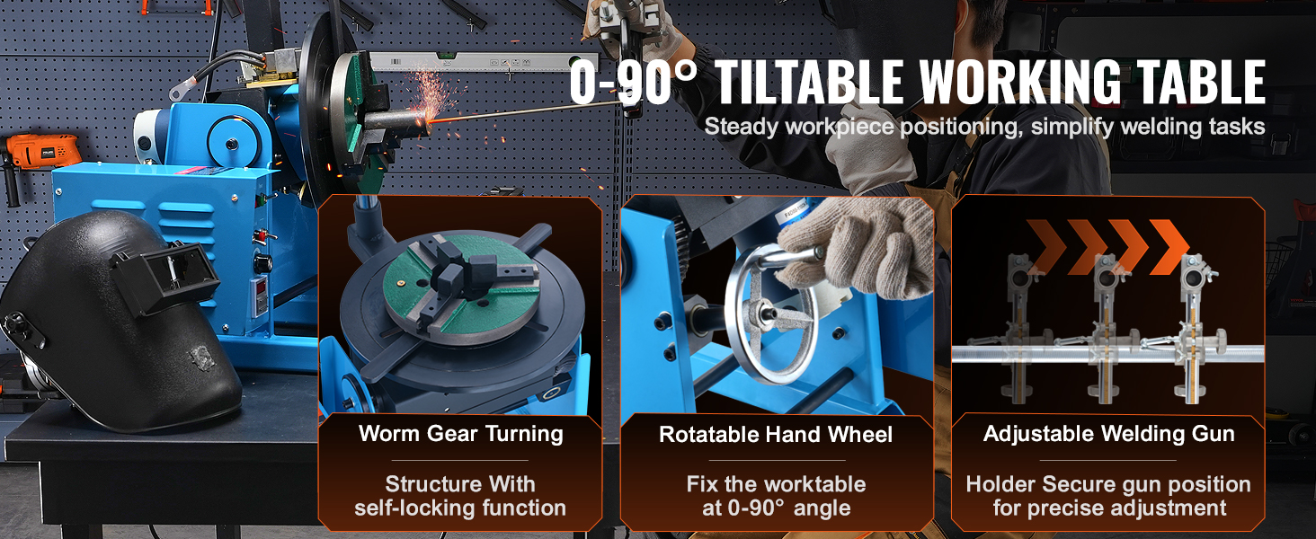 VEVOR rotary welding positioner with 0-90° tiltable table, worm gear turning, and adjustable welding gun.