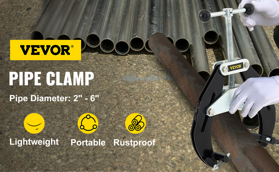 VEVOR pipe clamp on large metal pipe, highlighting lightweight, portable, rustproof features.