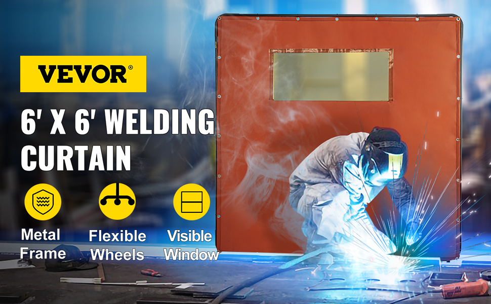 VEVOR welding curtain with metal frame, flexible wheels, and a visible window