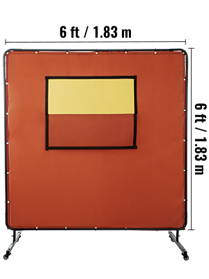 VEVOR welding curtain, 6 ft x 6 ft, orange with yellow viewing window.