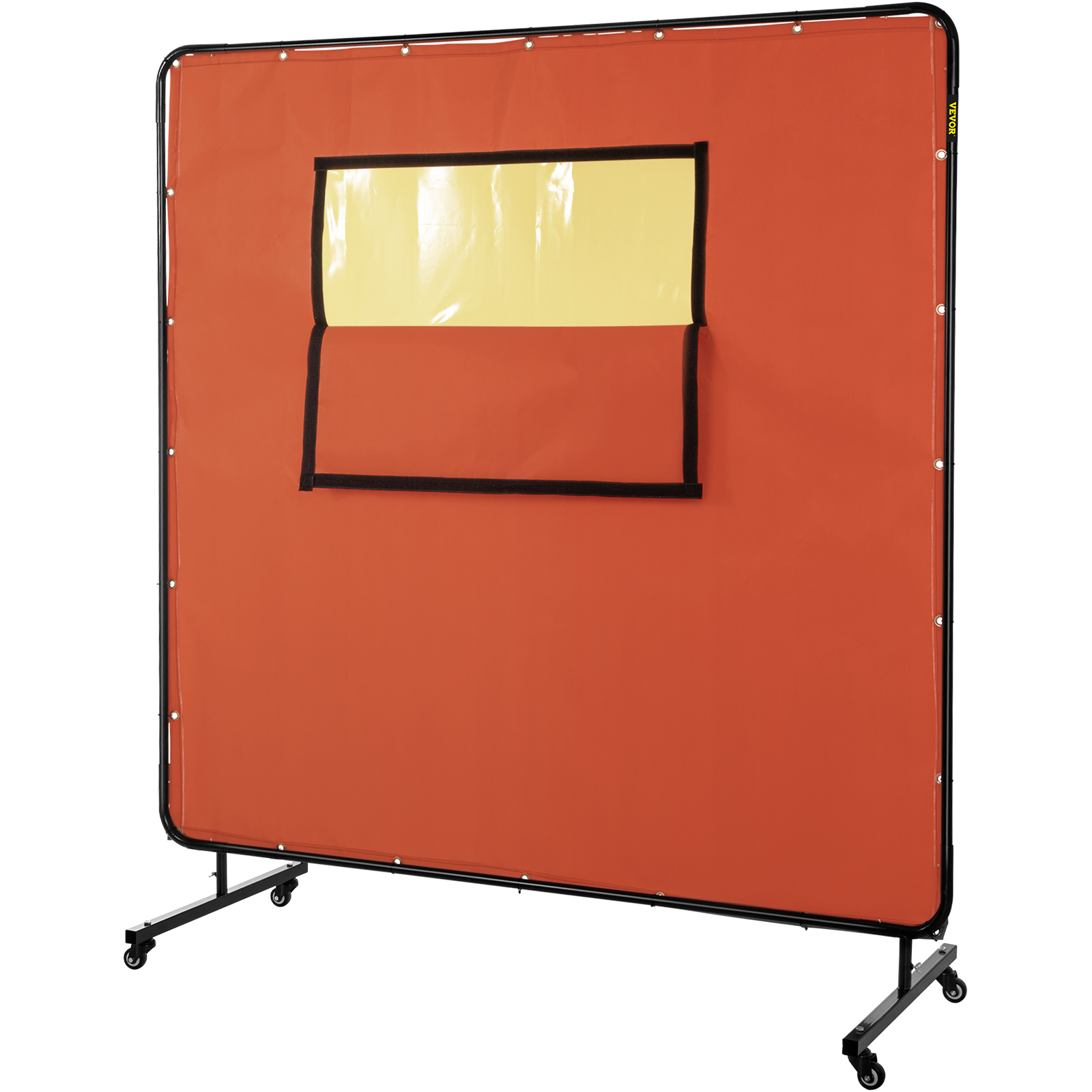 mobile orange VEVOR welding curtain with a transparent yellow window panel on wheels.