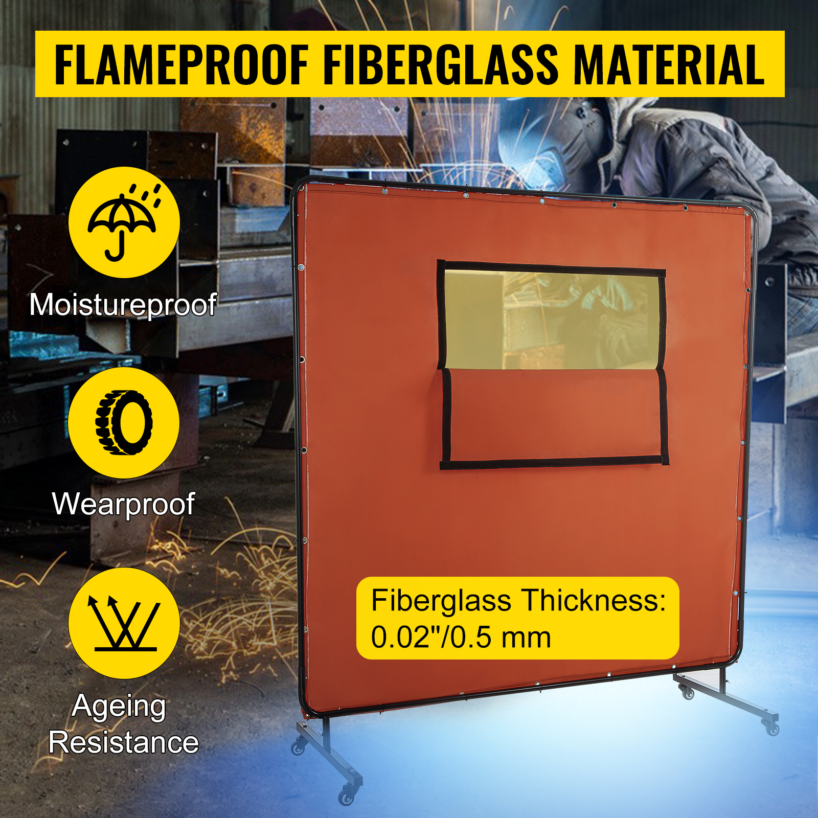 VEVOR welding curtain in orange with moistureproof, wearproof, and flameproof features.