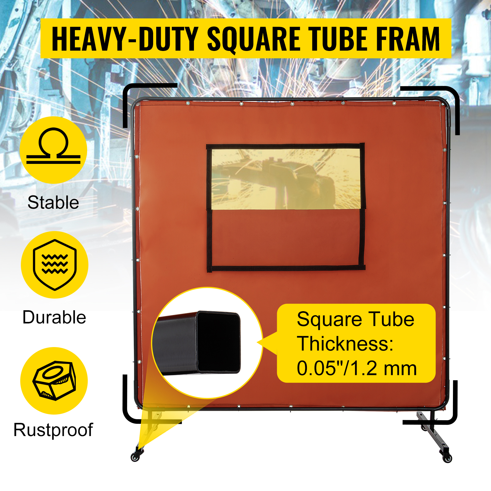VEVOR welding curtain with heavy-duty square tube frame, stable, durable, rustproof.