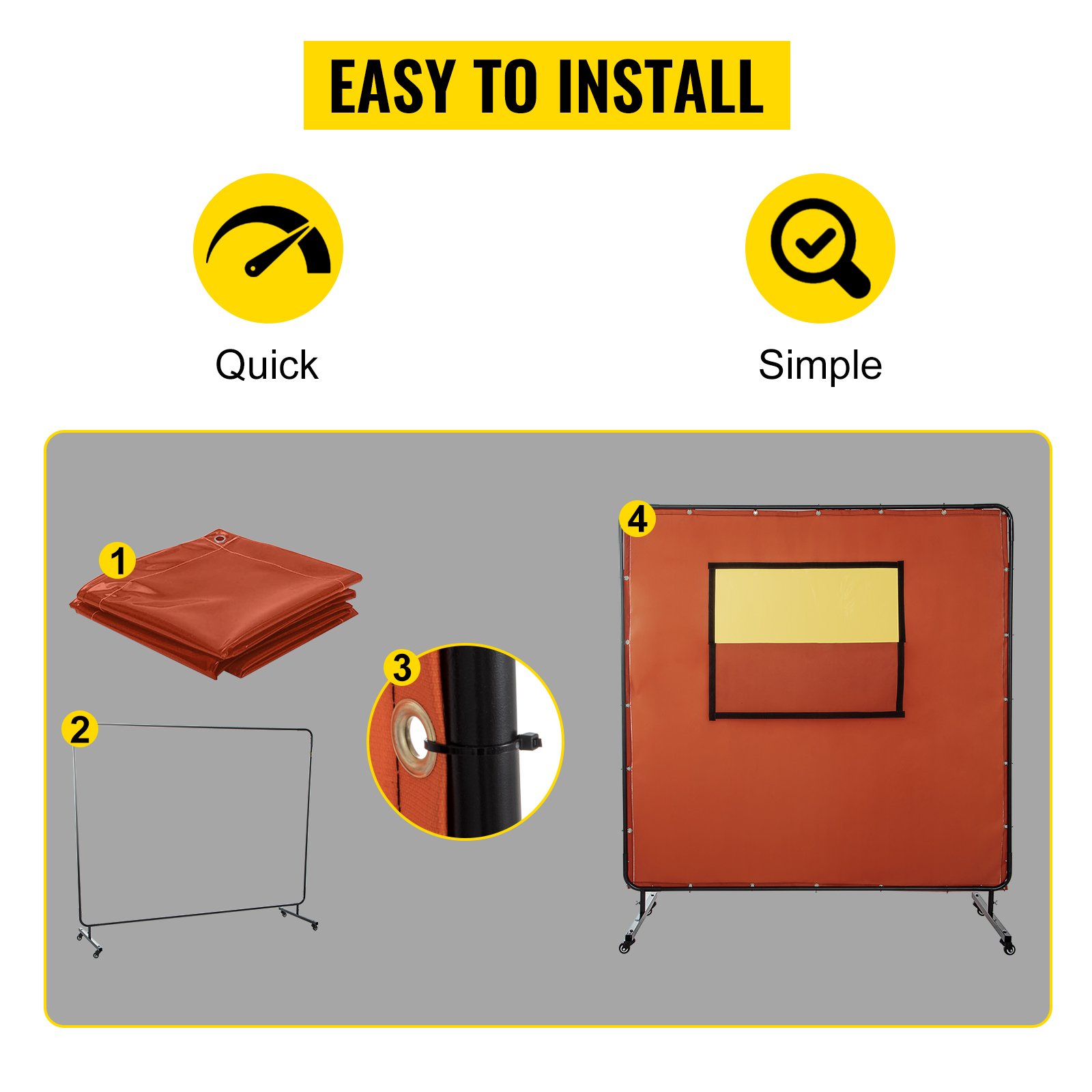 VEVOR welding curtain setup steps: folded curtain, frame, grommet close-up, assembled curtain. quick, simple install.