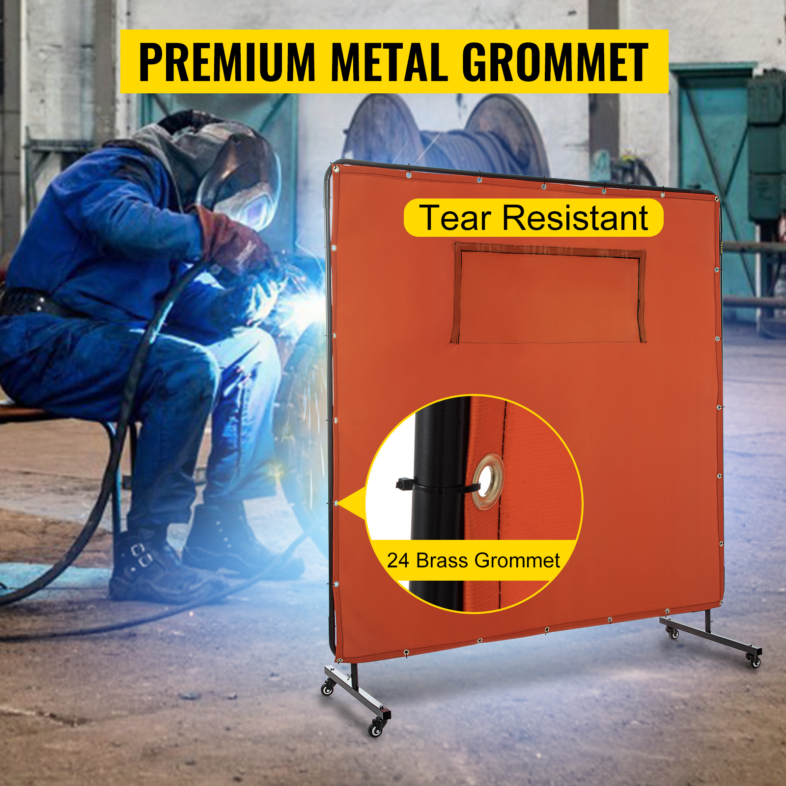 VEVOR welding curtain with 24 brass grommets, tear-resistant, in use by welder