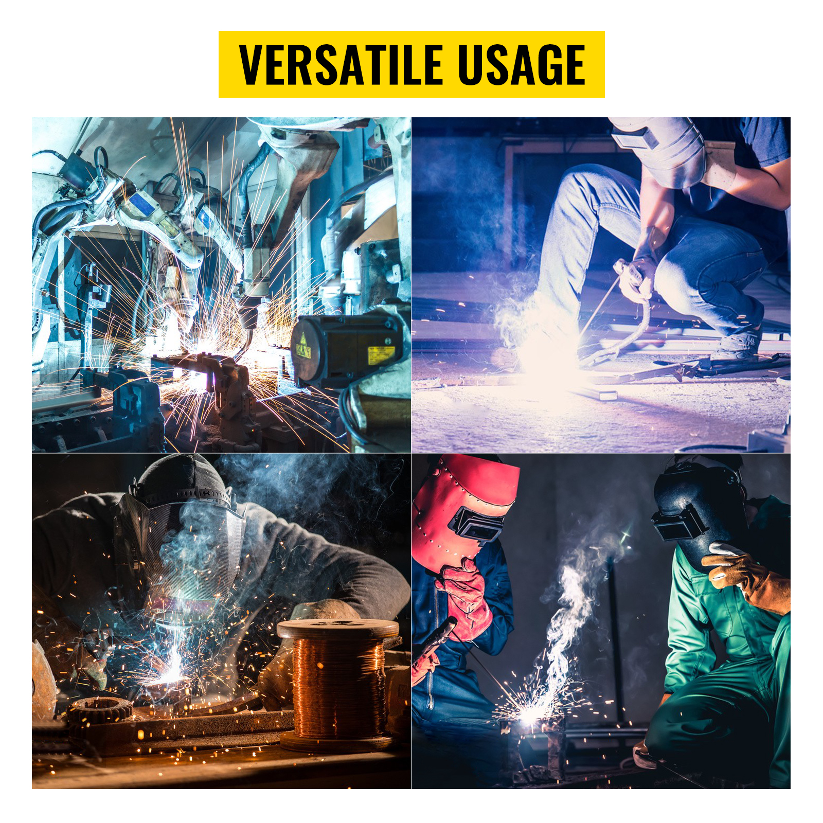 welders using VEVOR welding curtain in various industrial settings with sparks flying.