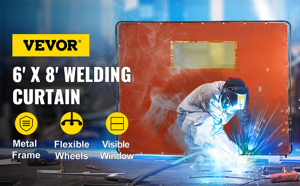 VEVOR welding curtain 6' x 8', metal frame, flexible wheels, visible window.