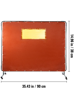 VEVOR welding curtain, 90cm x 38cm, orange with yellow viewing window.