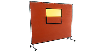 red VEVOR welding curtain with yellow viewing window on a black frame with wheels.