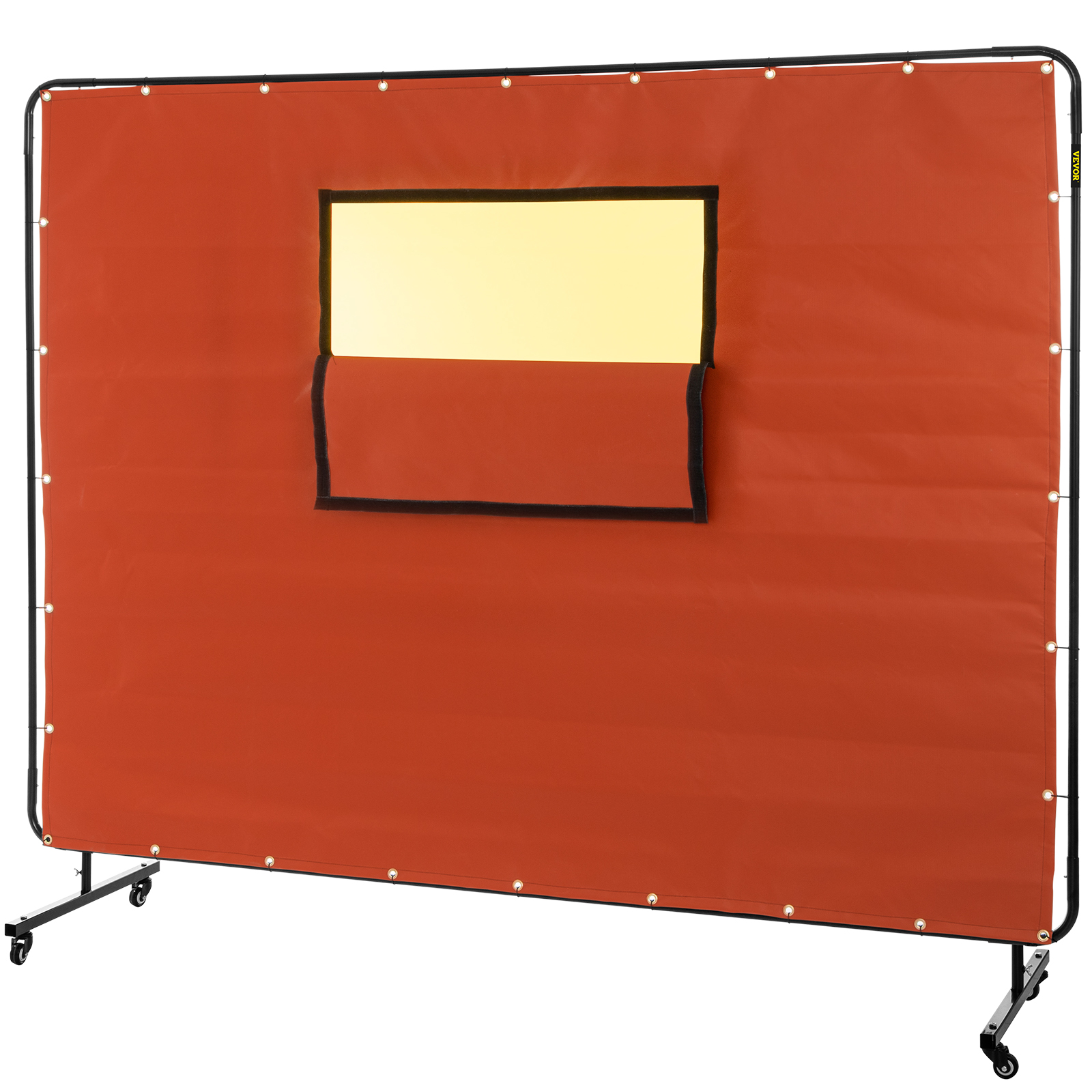 red VEVOR welding curtain with a viewing window and sturdy frame on wheels.