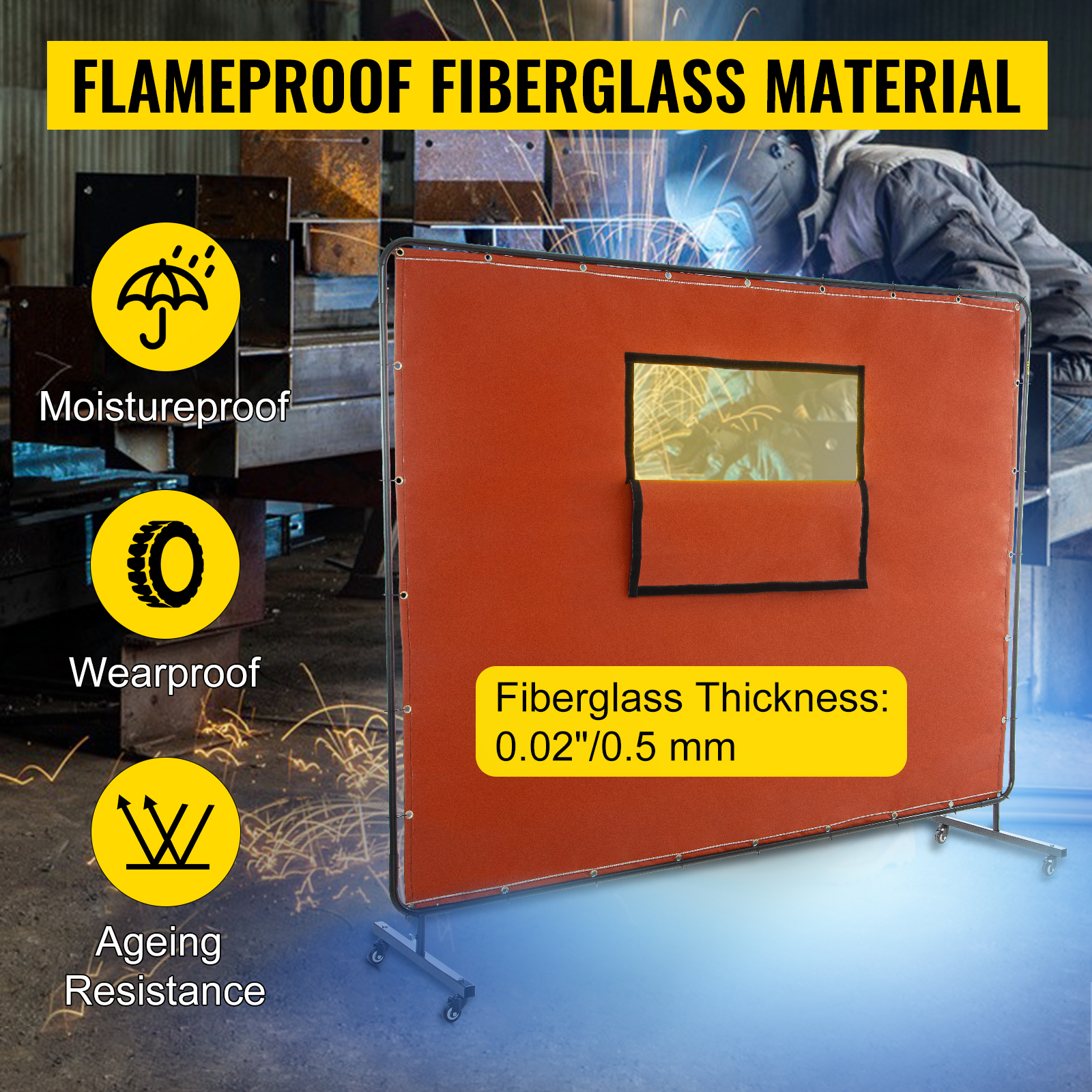 VEVOR welding curtain with flameproof fiberglass, moistureproof, wearproof, and aging resistance.