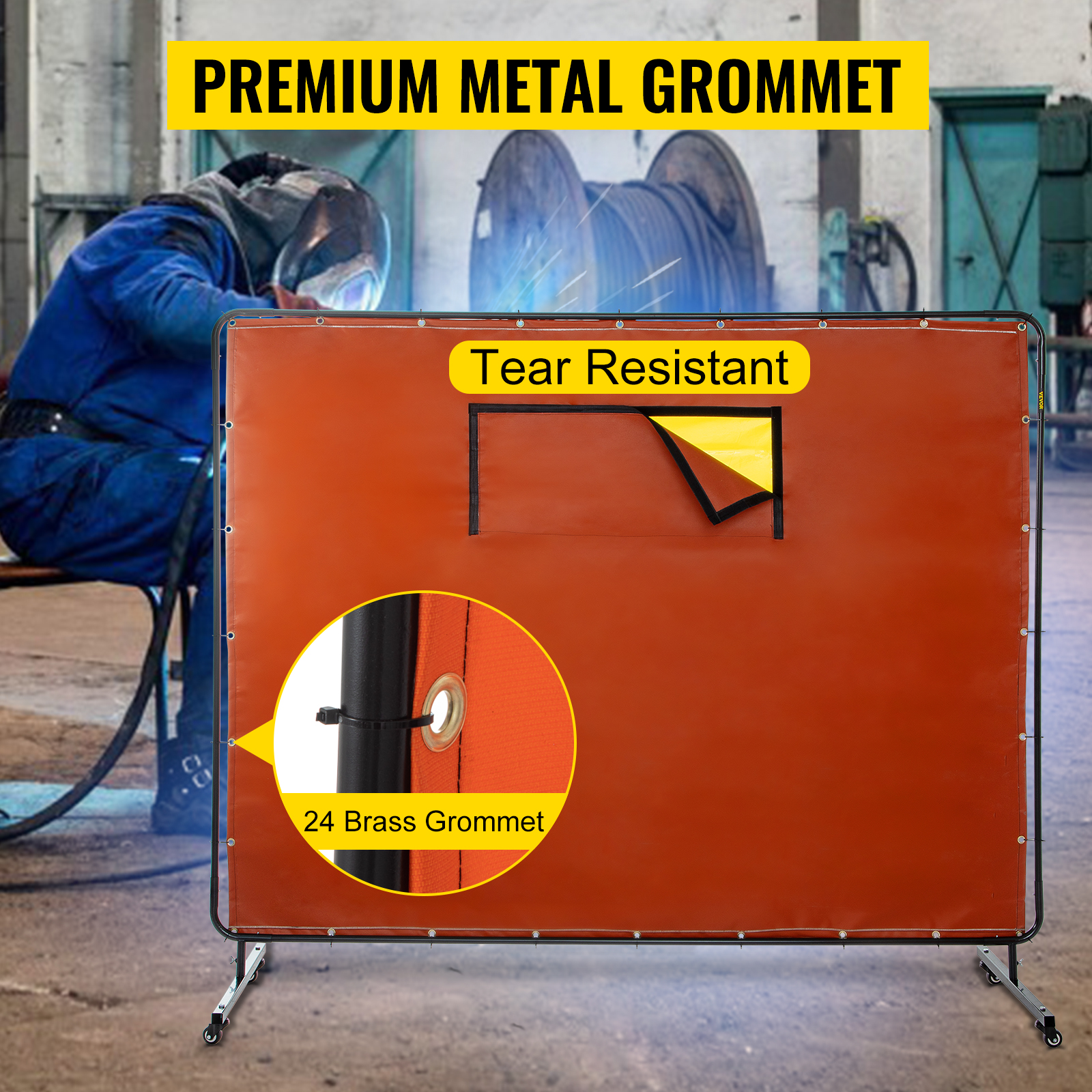 VEVOR welding curtain with tear-resistant fabric and 24 brass grommets.