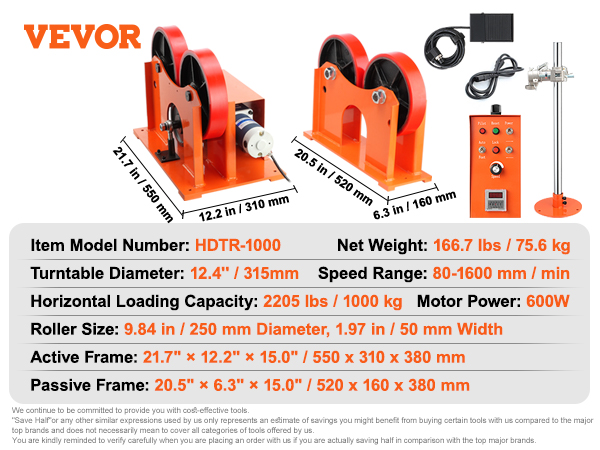 VEVOR welding turning rolls specs: hdtr-1000, 600w motor, 2205 lbs capacity, 250mm roller, and accessories.