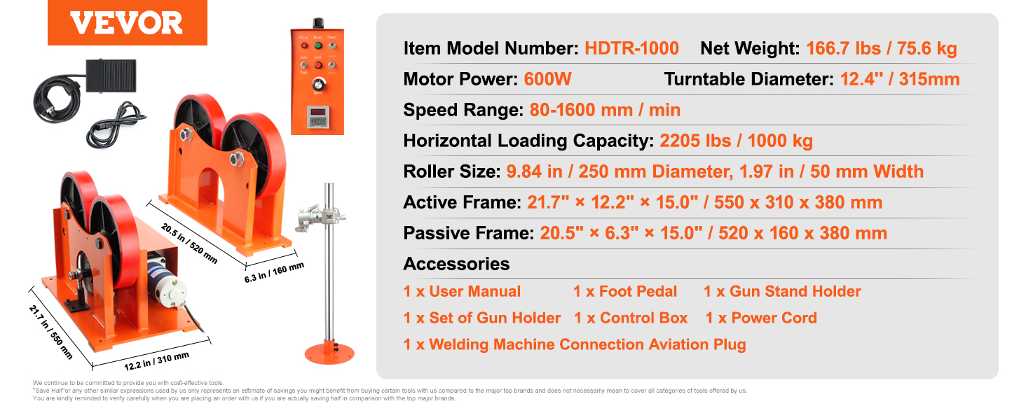 VEVOR welding turning rolls specs: hdtr-1000, 600w motor, 2205 lbs capacity, 250mm roller, and accessories.
