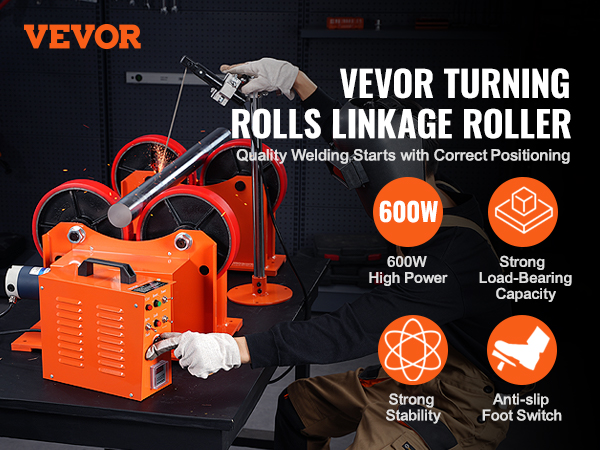 VEVOR welding turning rolls, linkage roller, and key features like strong stability and 600w high power.