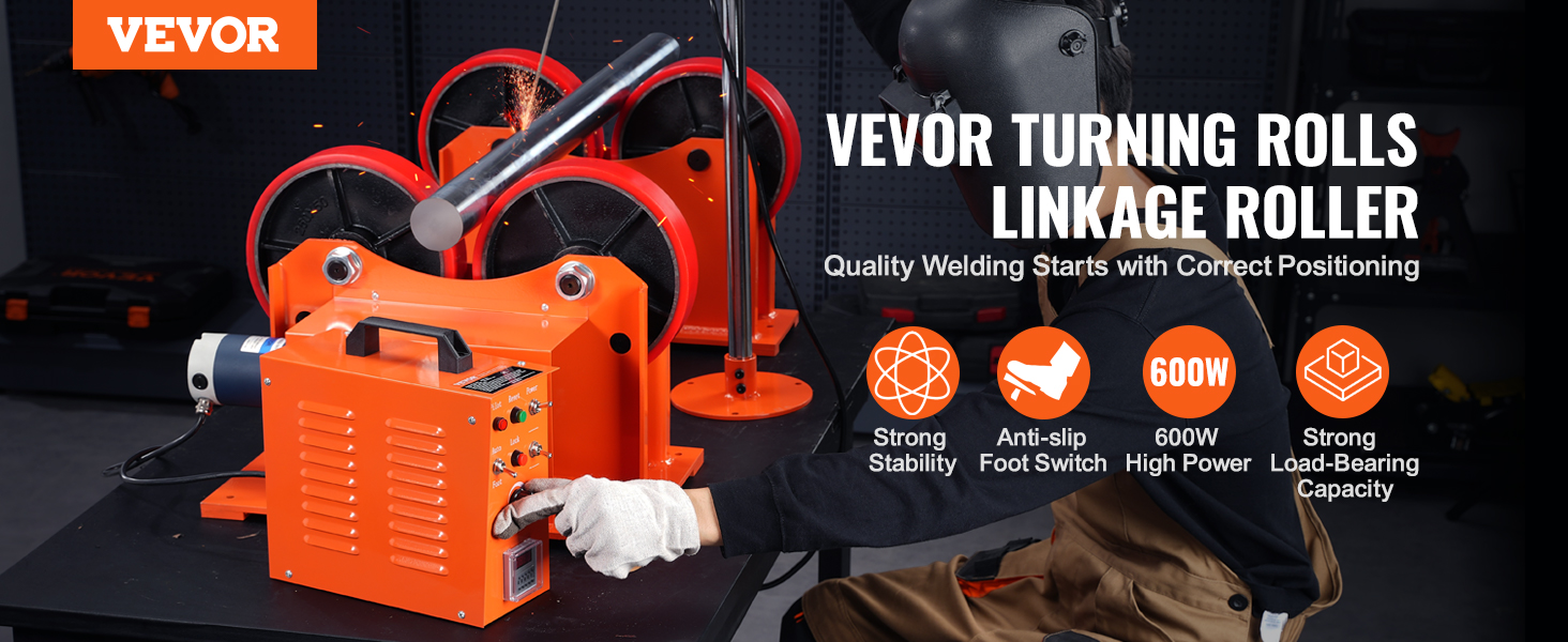 VEVOR welding turning rolls, linkage roller, and key features like strong stability and 600w high power.