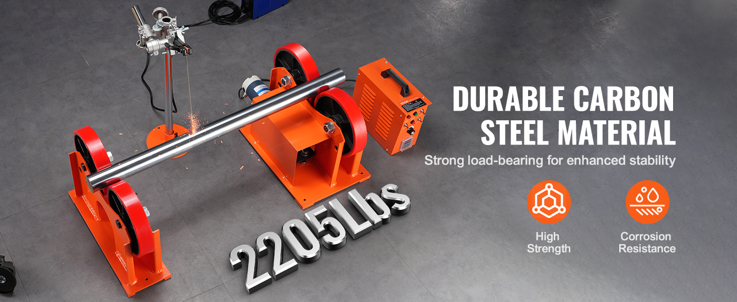 VEVOR welding turning rolls, durable carbon steel, supports 2205lbs, high strength, corrosion resistance.