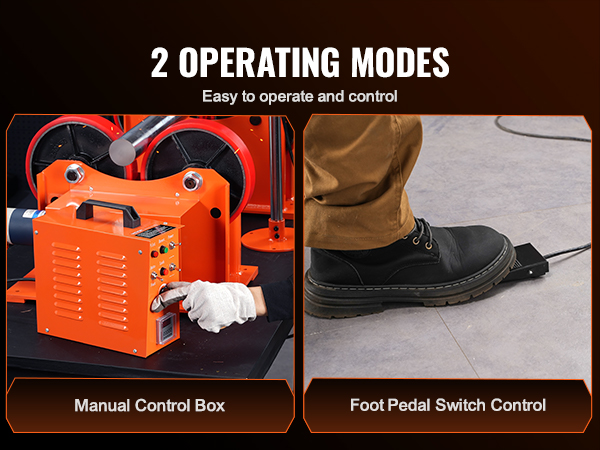 VEVOR welding turning rolls with manual control box and foot pedal switch control for easy operation.