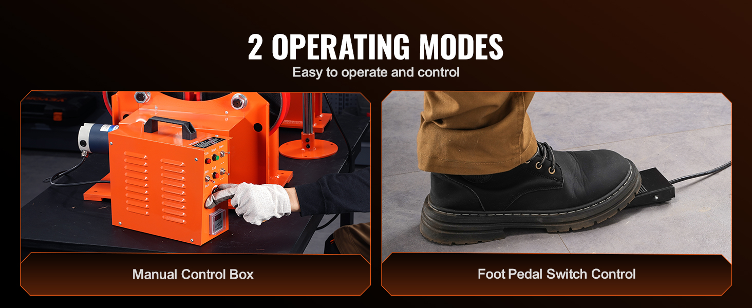 VEVOR welding turning rolls with manual control box and foot pedal switch control for easy operation.