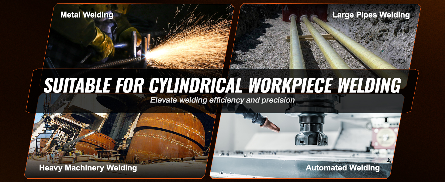 VEVOR welding turning rolls for metal, large pipes, heavy machinery, and automated welding applications.