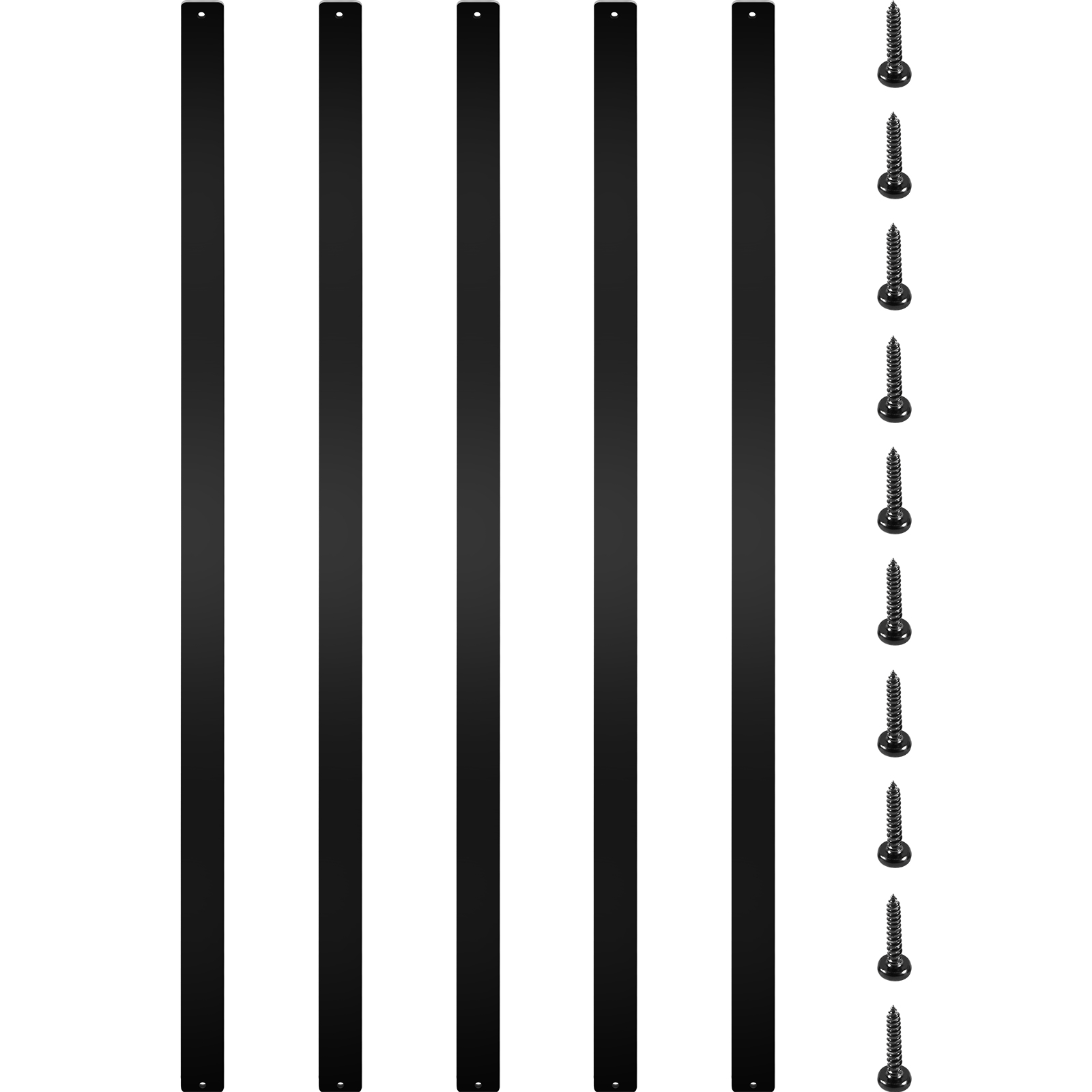 black VEVOR deck balusters with screws arranged vertically on a white background.