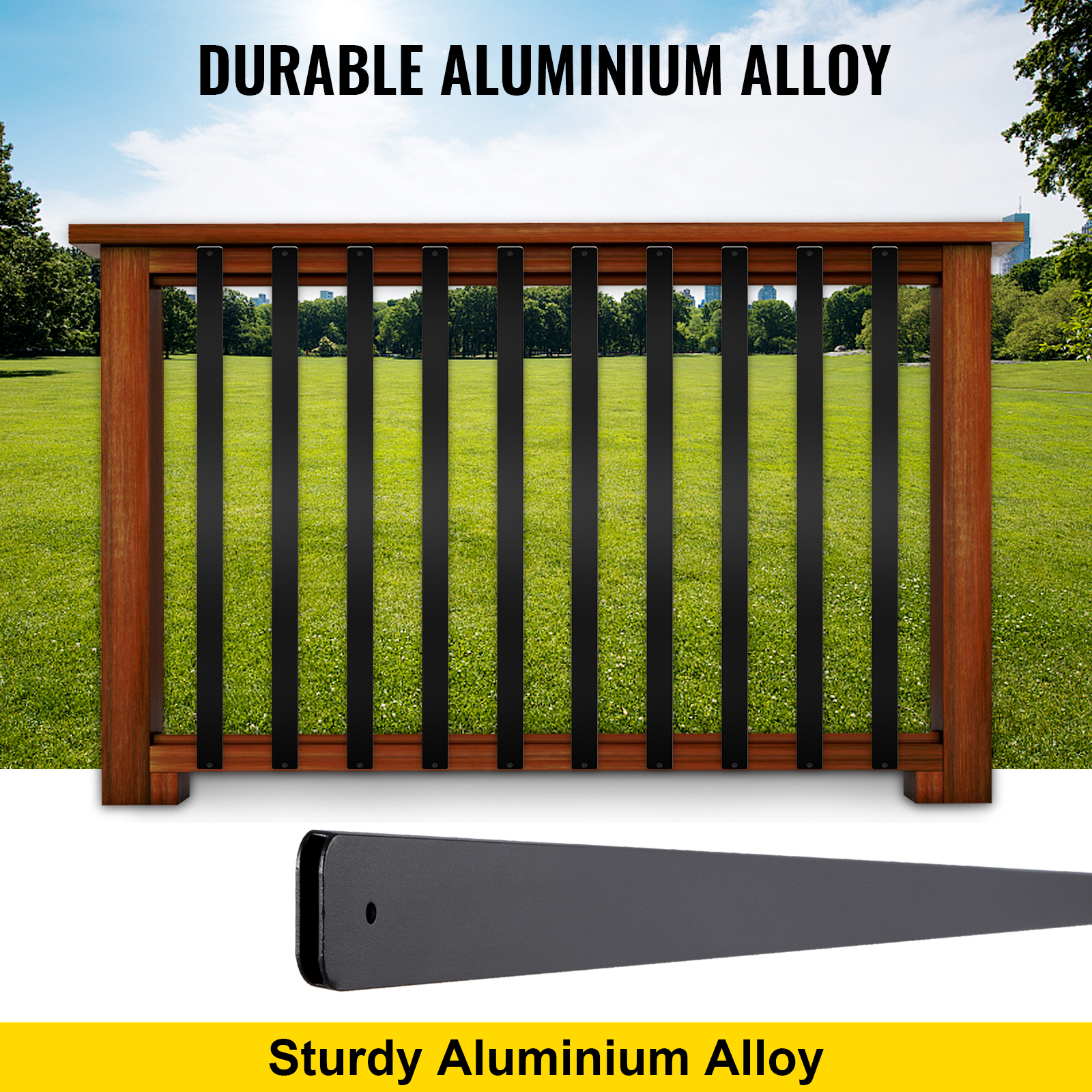 durable aluminium VEVOR deck balusters on a wooden railing with a lush green background.