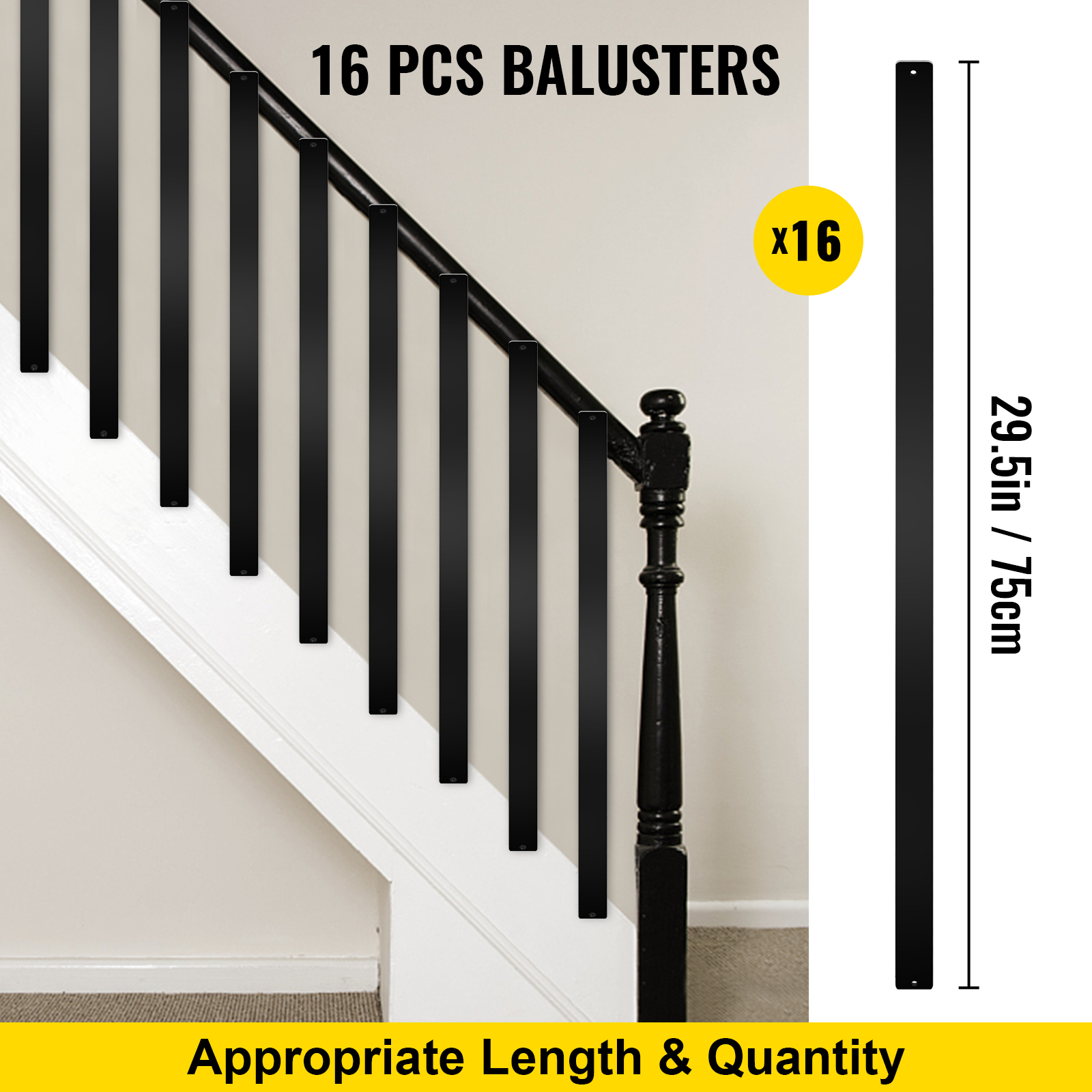 16 black VEVOR deck balusters for 29.5-inch stair railing.