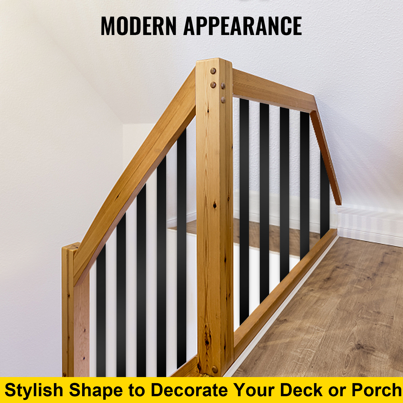 modern wooden railing with sleek black VEVOR deck balusters in a stylish space.