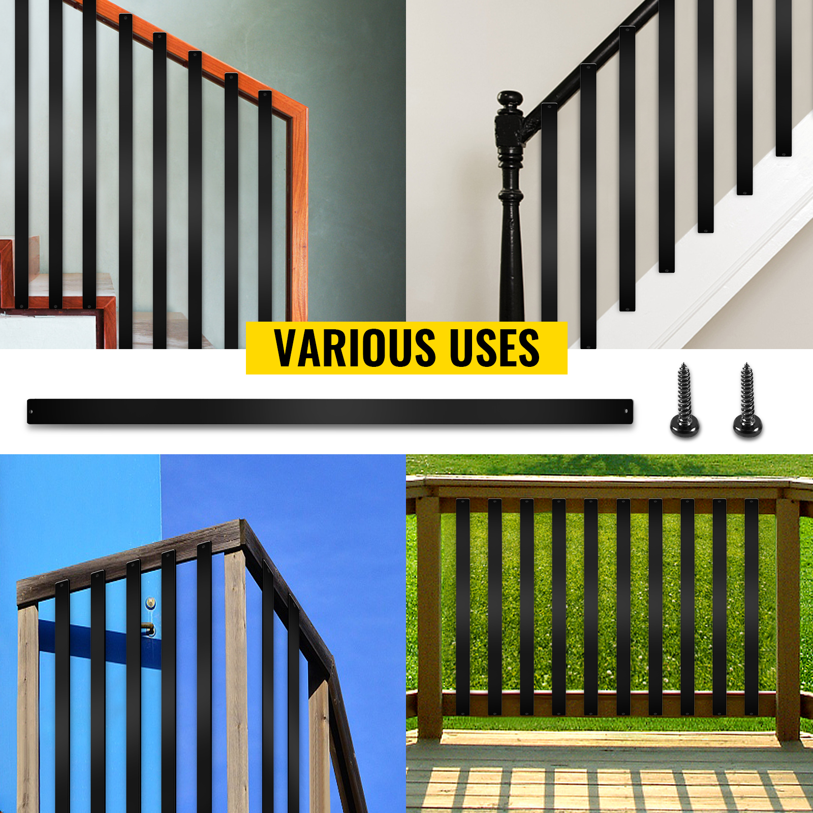 VEVOR deck balusters showcased in various installations for stairs and balconies.
