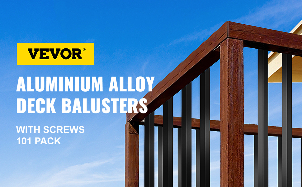 VEVOR deck balusters with screws, 101 pack, aluminum alloy, against blue sky.