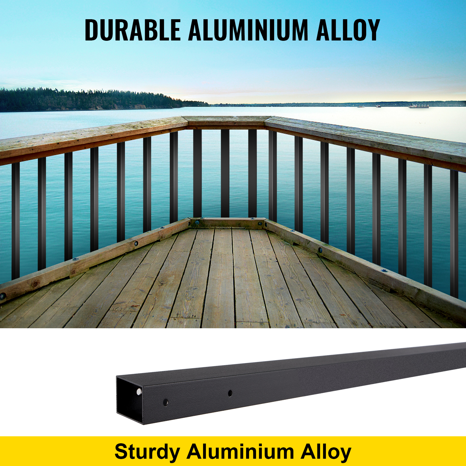 VEVOR deck balusters made of durable aluminum alloy on a wooden deck by the water.