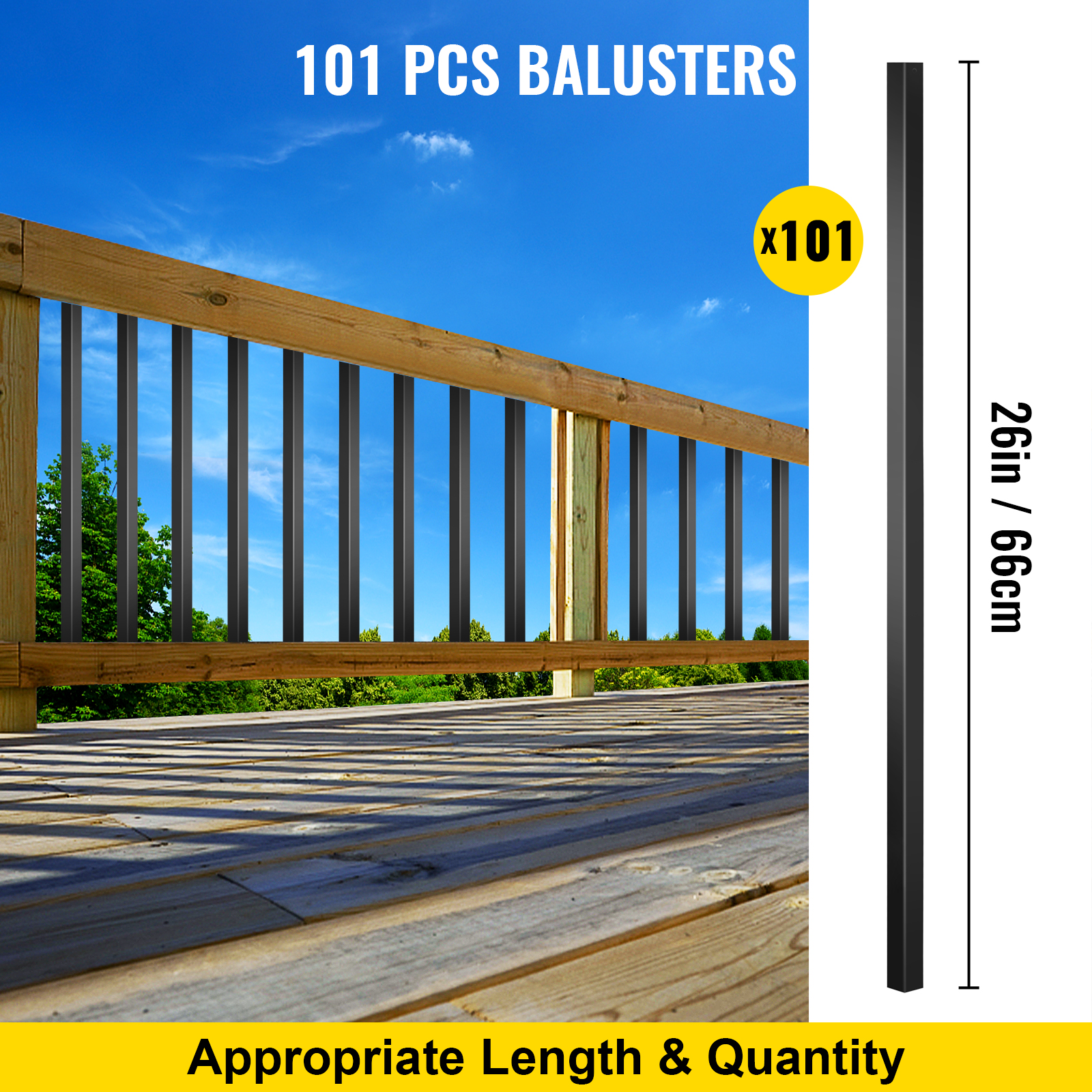 VEVOR deck balusters, 101 pcs, 26in/66cm, wood deck with black railings, blue sky.