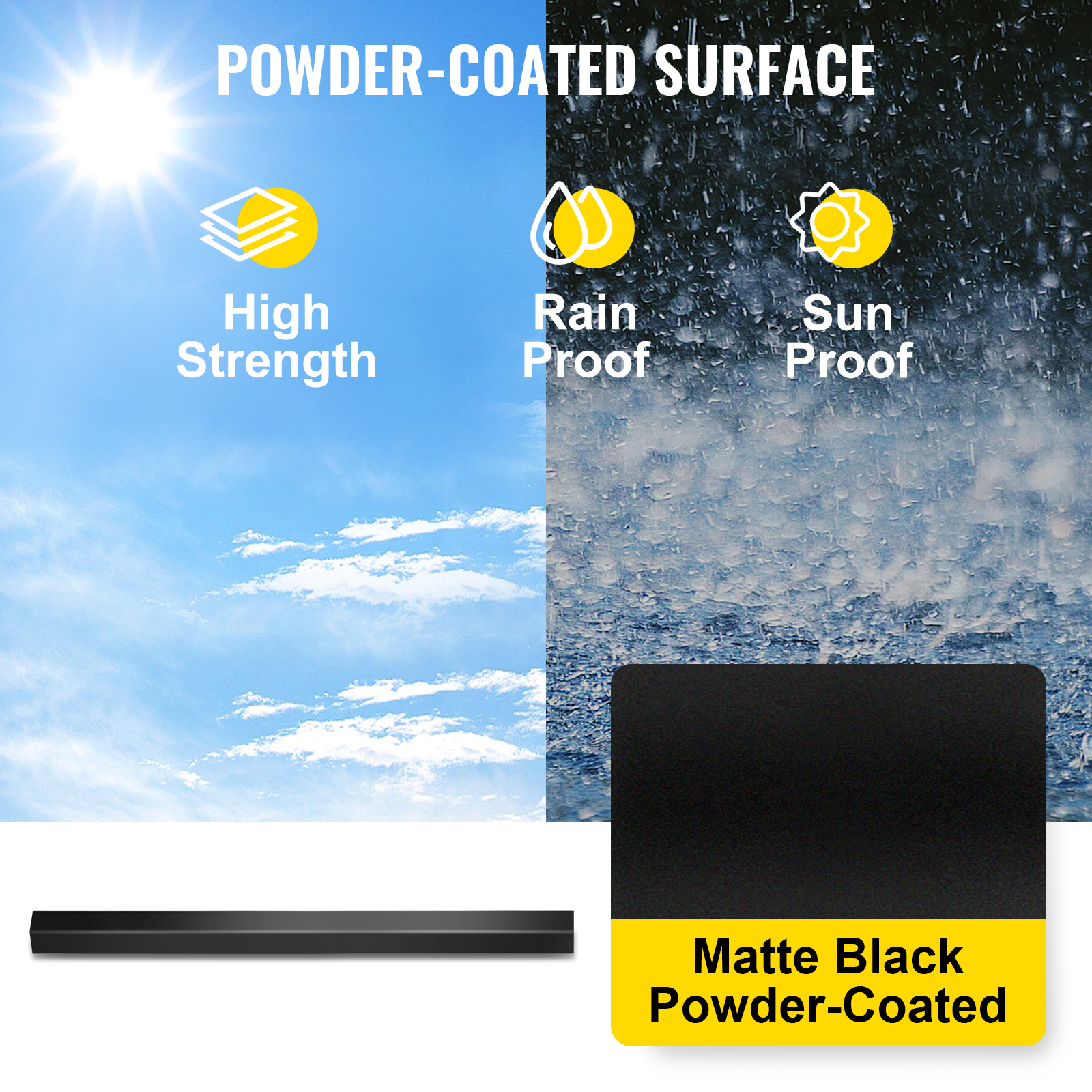 VEVOR deck balusters, matte black, powder-coated, rainproof, sunproof, high strength.