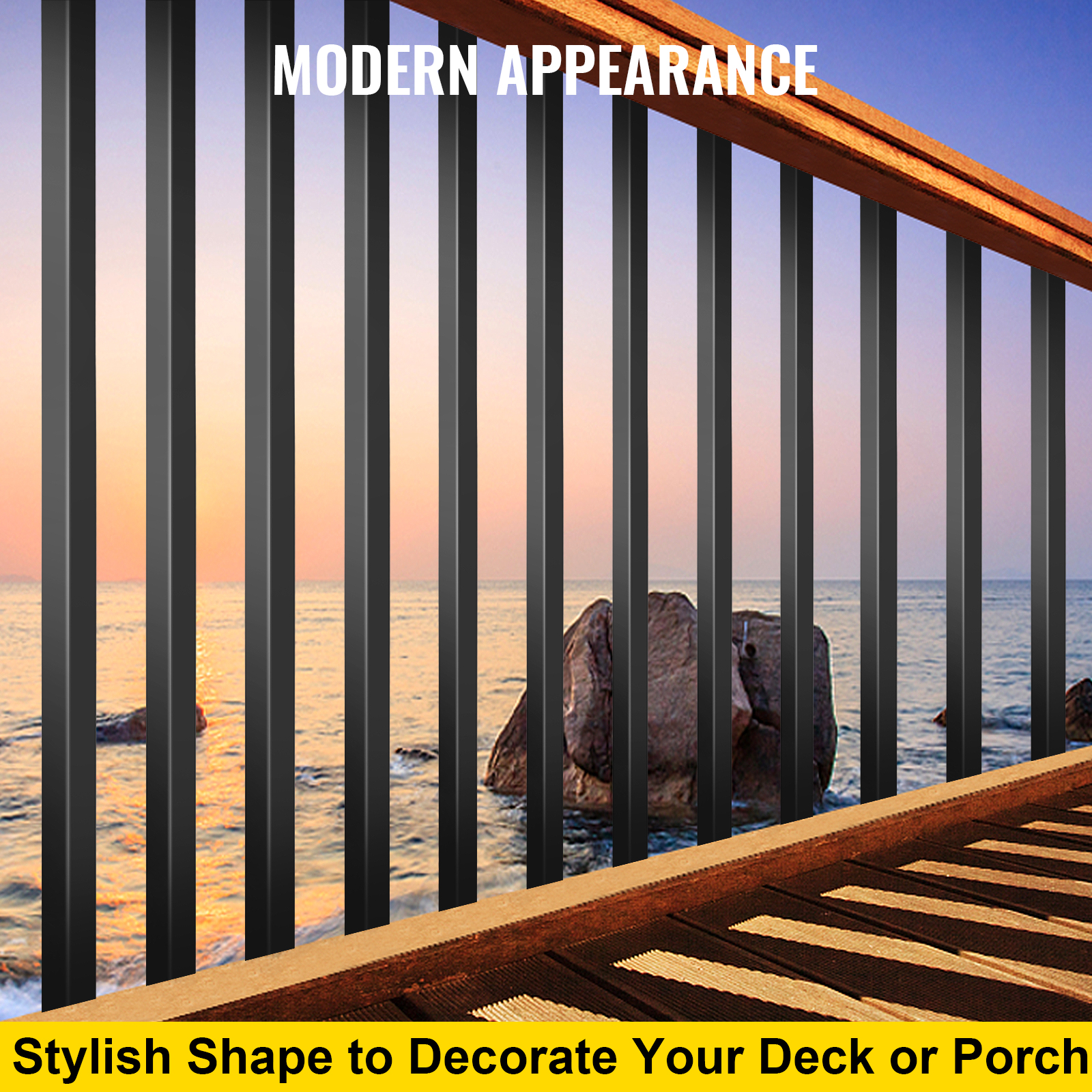 VEVOR deck balusters on a deck with ocean and sunset background.