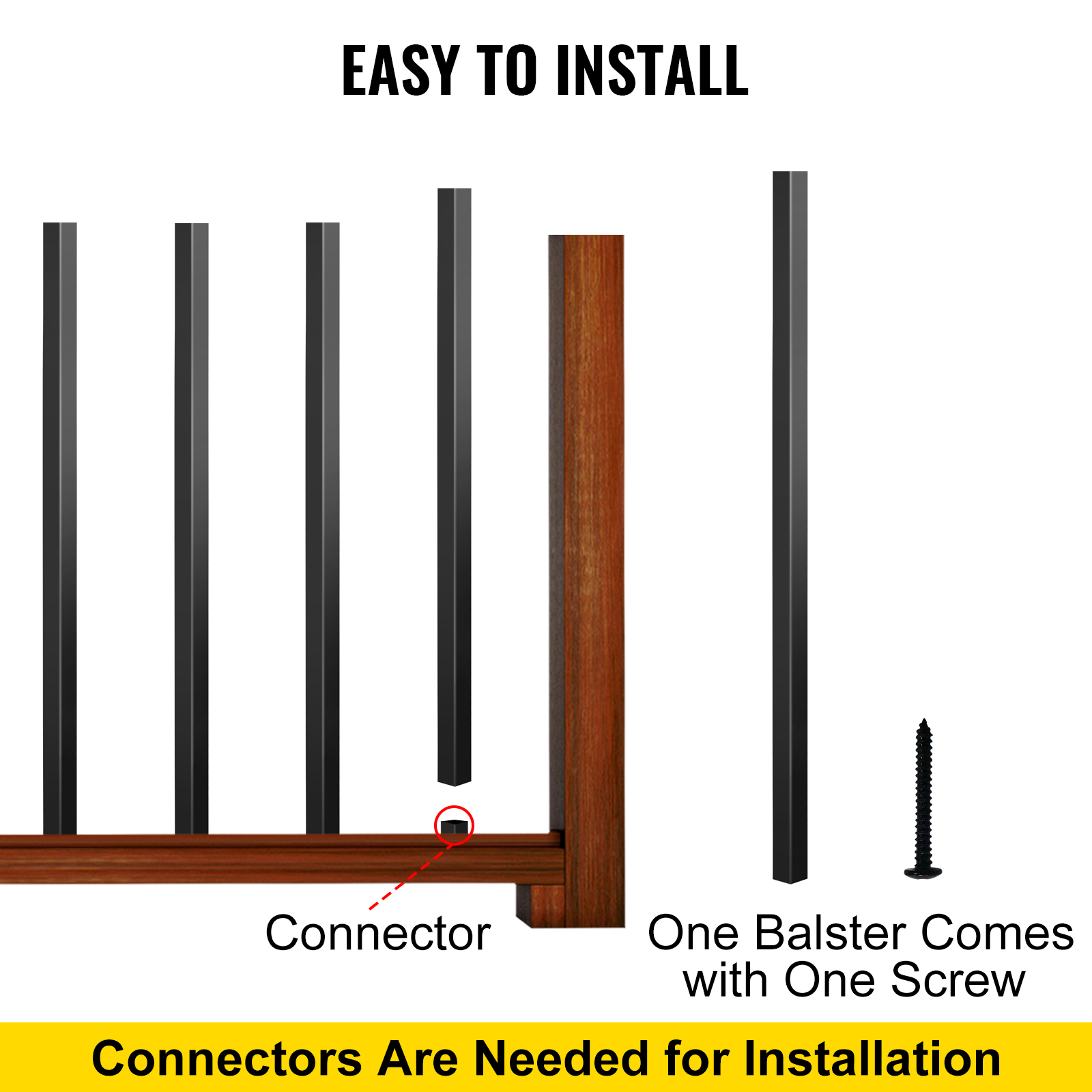 easy installation of VEVOR deck balusters with connectors and single screws.