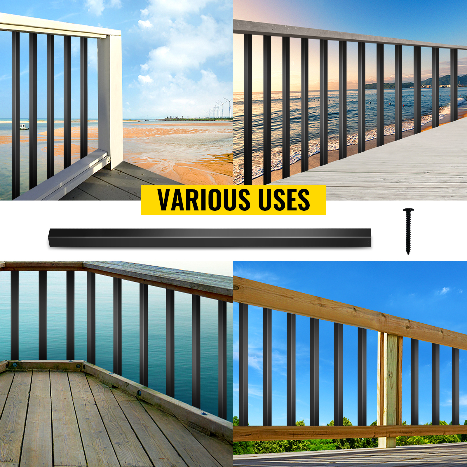 VEVOR deck balusters showcasing different outdoor deck railing applications by the water.