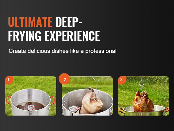 VEVOR turkey deep fryer: three steps to deep-fry a turkey to perfection on a grassy field.