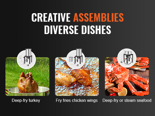 creative assemblies for VEVOR turkey deep fryer: deep-fry turkey, chicken wings, or steam seafood.