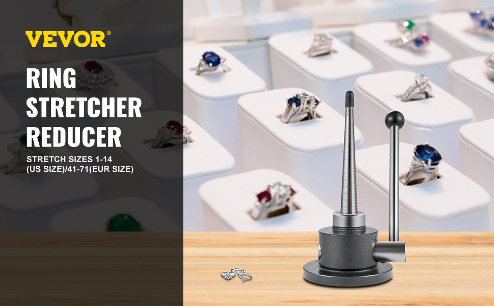 VEVOR ring stretcher reducer with display of various gem rings in background.